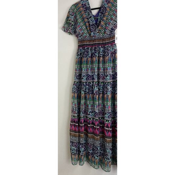 Chris McLaughlin Size 4 Boho Maxi Dress Multicolor Tribal Floral Print V Neck - Picture 3 of 13